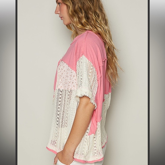 1️⃣ Large left. POL 🩷 Pink and White Peace Sign Lace Top - Picture 5 of 5